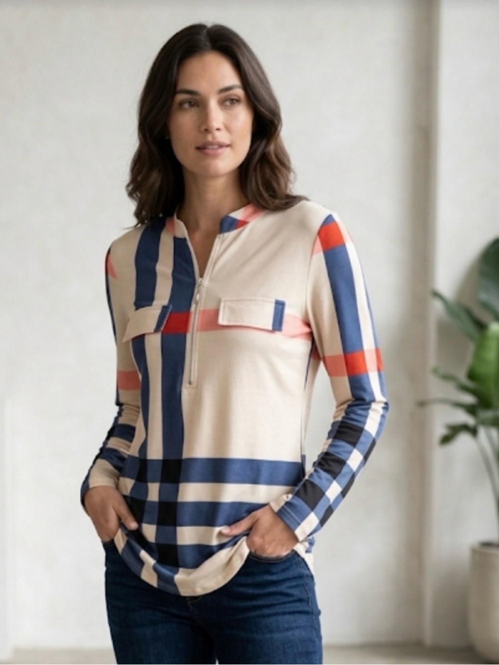 Moyabo Women's Beige Blue Pink Red Striped Half Zip Long Sleeve Shirt Size XL